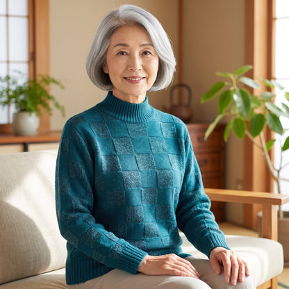 日本製 市松編みハイネックセーター｜ティールグリーン - 着用イメージ（女性）