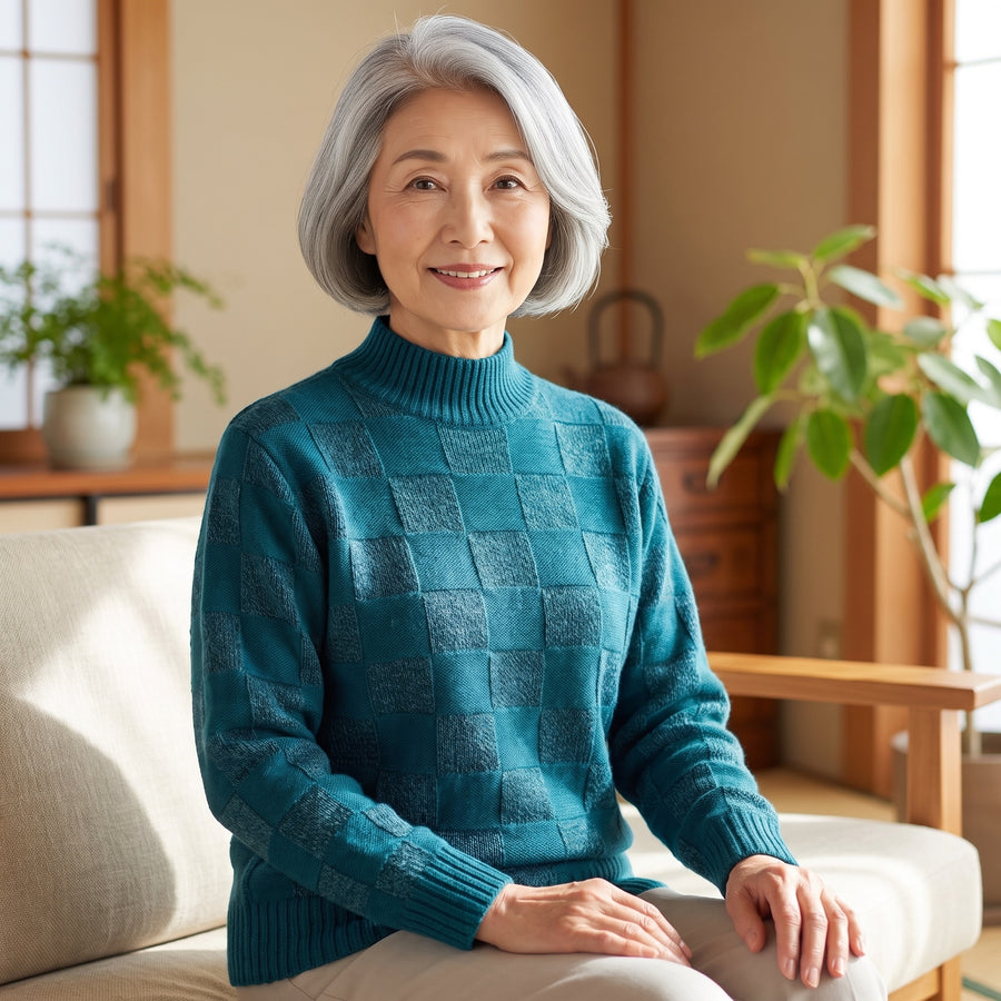 市松編みハイネックを着た女性