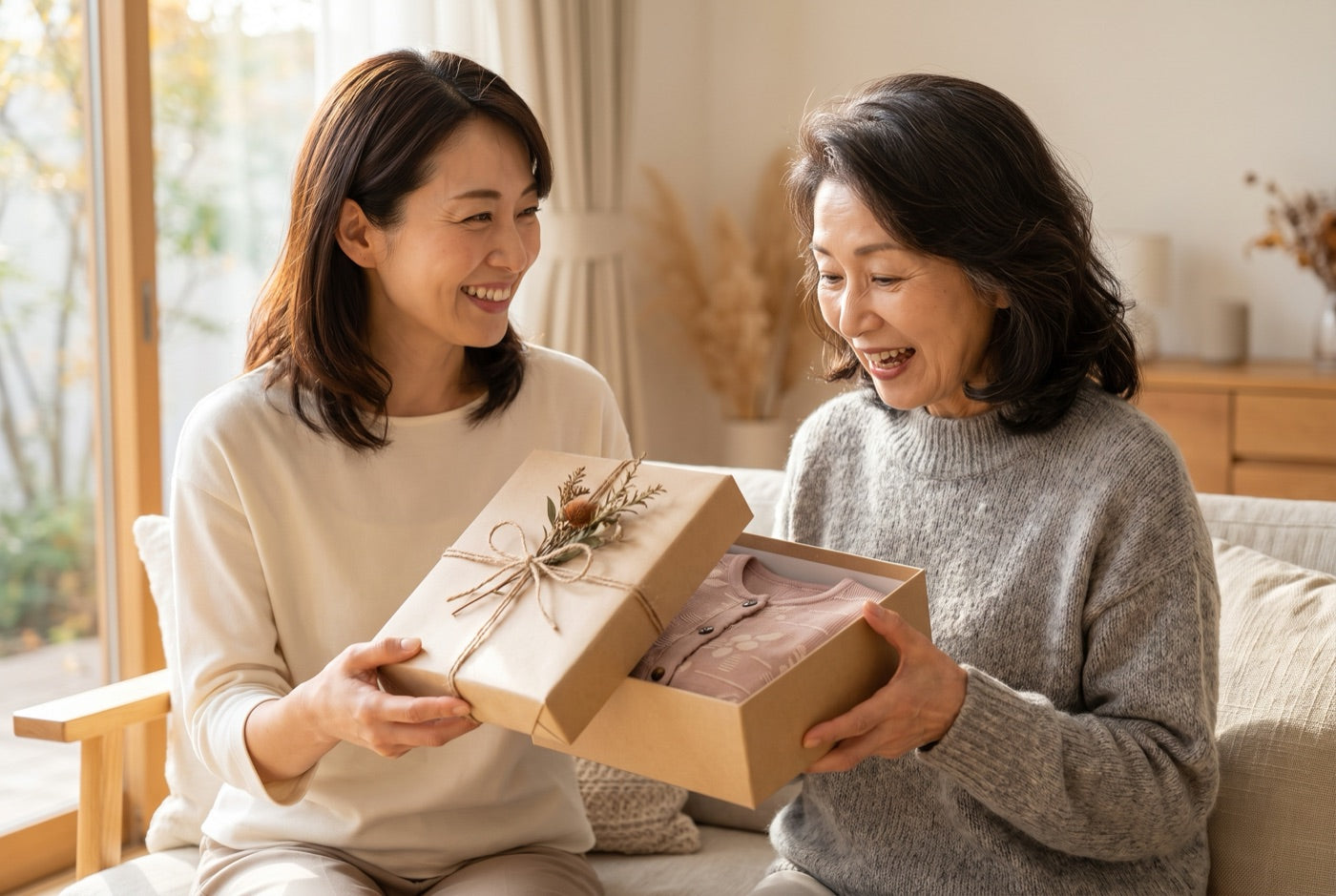娘から母へ、ニットのギフトを手渡す様子